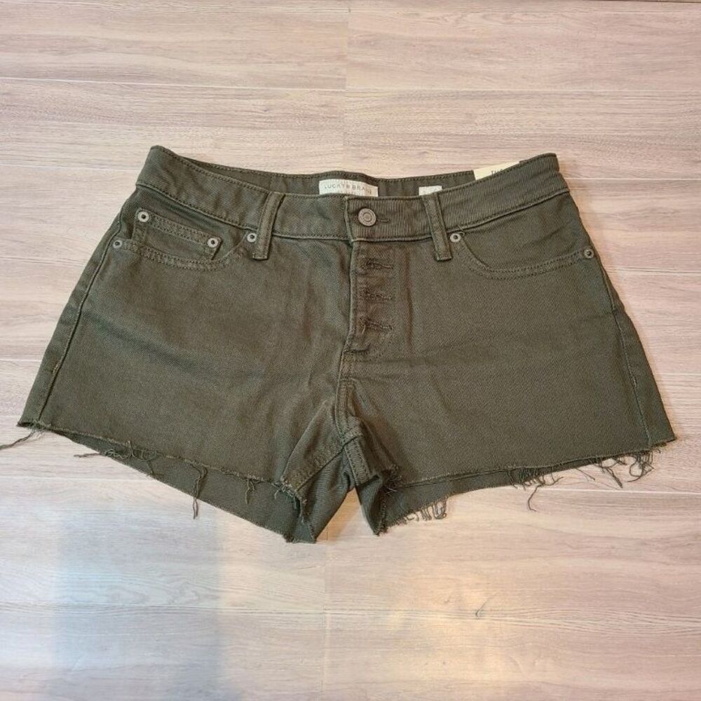 Lucky Brand The Cut Off Olive Green Denim Shorts Womens 2/26 Button Fly Raw Hem